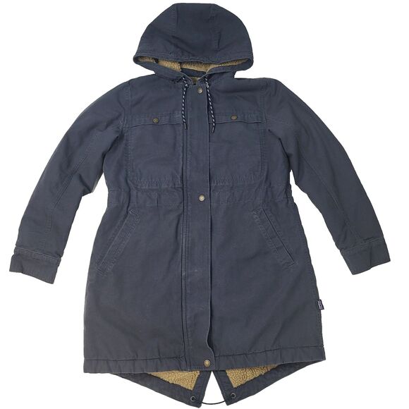 Patagonia Prairie Dawn Parka Jacket Women S charcoal Canvas Sherpa lined Hooded - Picture 1 of 16